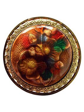 Vintage Reverse Carved Lucite Brooch Gold Tone Floral Pin 1950s New Old Stock